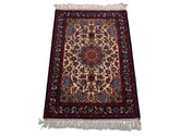 2x3 Beige, Navy, Red Color Hand Knotted Isfahan Wool & Silk Traditional Oriental Rug
